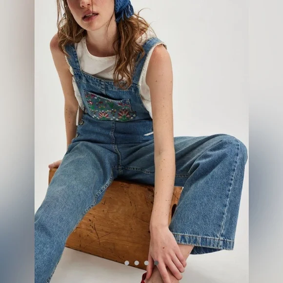 We The Free Blue Denim Overalls with Floral Pocket - Picture 4 of 11